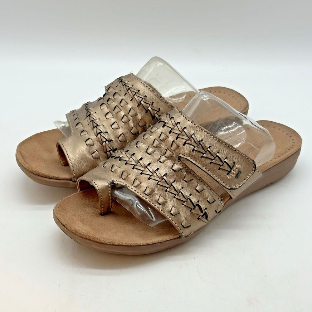 Baretraps Jeaney Woven Sandals Women's 7M Gold Faux Leather Hook & Loop Slides
